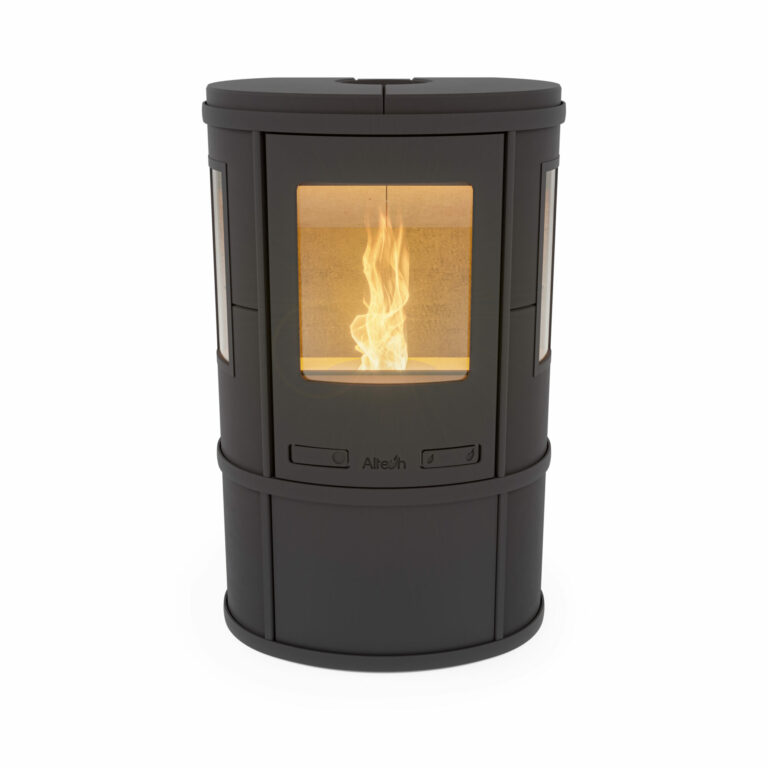 Stromloser Pelletofen Specksteinofen Ecosy Pellet Black mit Seitenscheiben Ofen GmbH ofen.gmbh Altech Ecosy Specksteinofen stromloser Pelletofen mit Seitenscheiben schwarz
