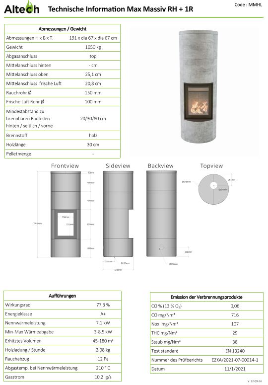 Speckstein Speicherofen Altech Max Massiv RH Extra