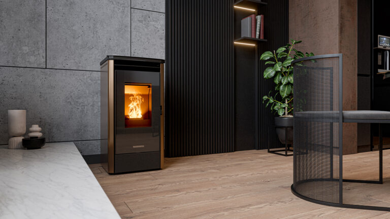 Thermorossi Urban Evo – Pelletofen Ofen GmbH ofen.gmbh Thermorossi Urban Evo Pelletofen in Bronze – Originalfoto des Herstellers im Wohnraum